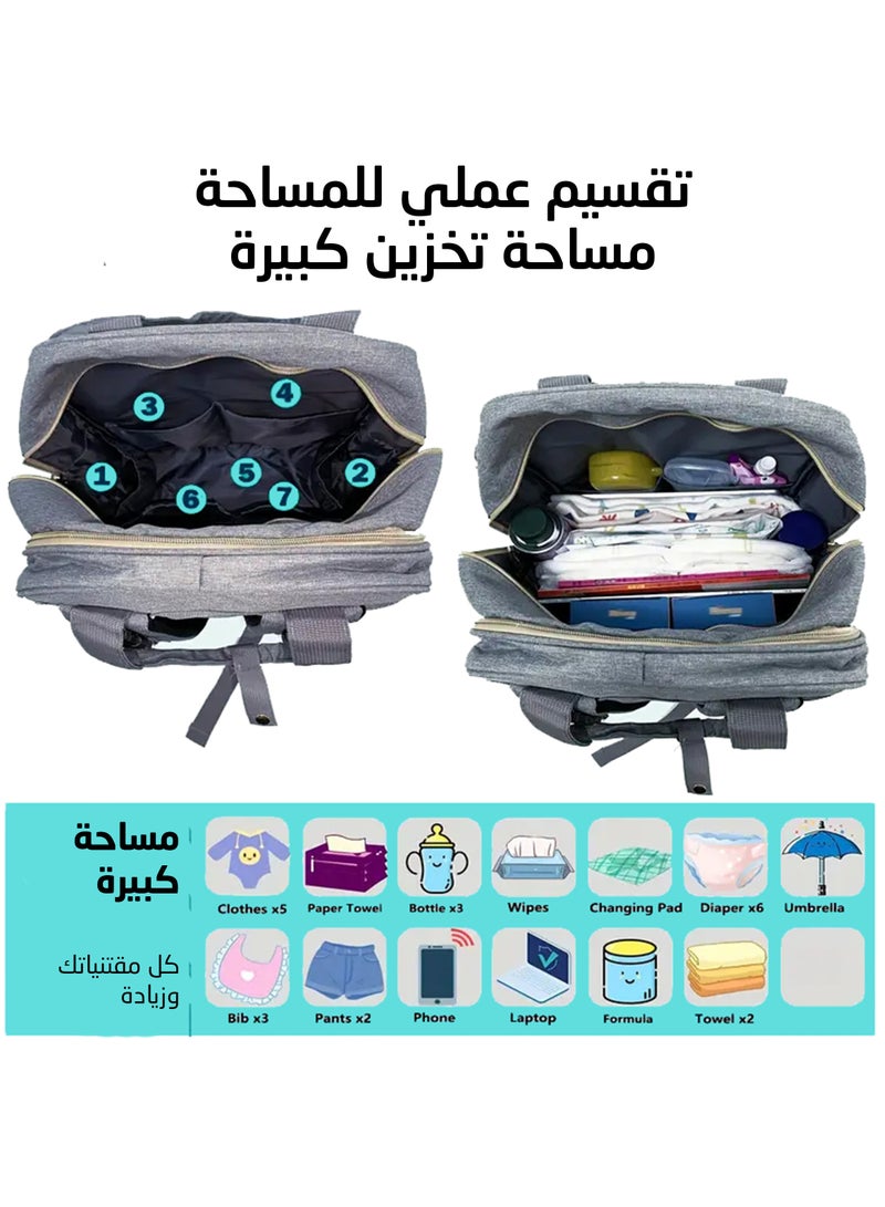 ارينا شنطة ظهر لتغيير حفاضات الأطفال متعددة الألوان -مساحة تخزين واسعة - مثالية للسفر (منفذ شحن USB، سرير محمول، مقاومة للماء) - مزودة بحزامين مريحين للكتف وجيوب عديدة لتنظيم - Image 2