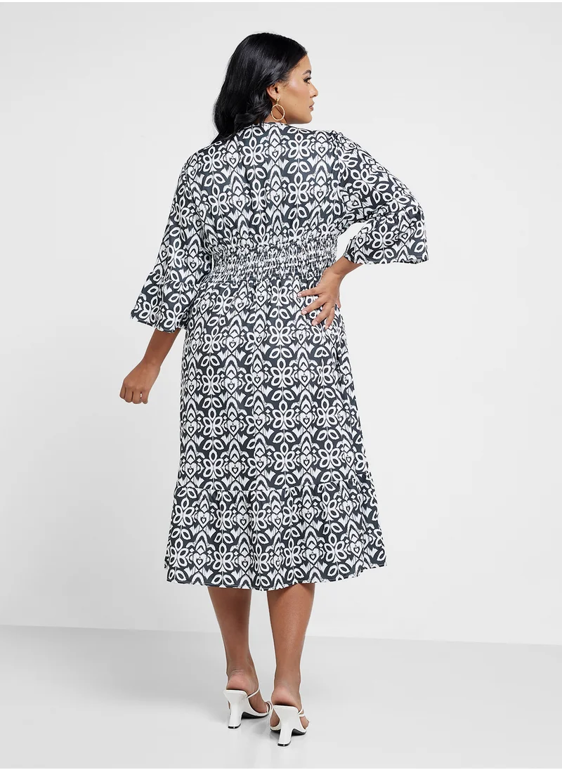 جينجر بلس V Neck Boho Style A Line Midi Dress