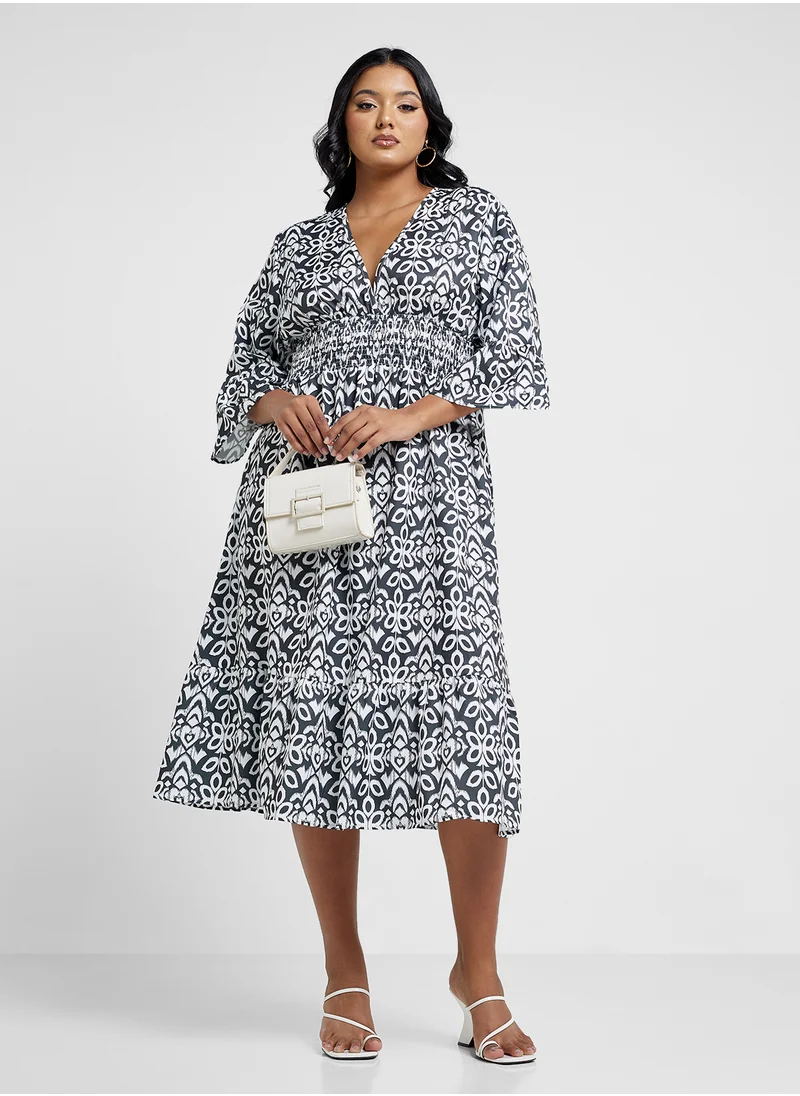 Ginger Plus V Neck Boho Style A Line Midi Dress