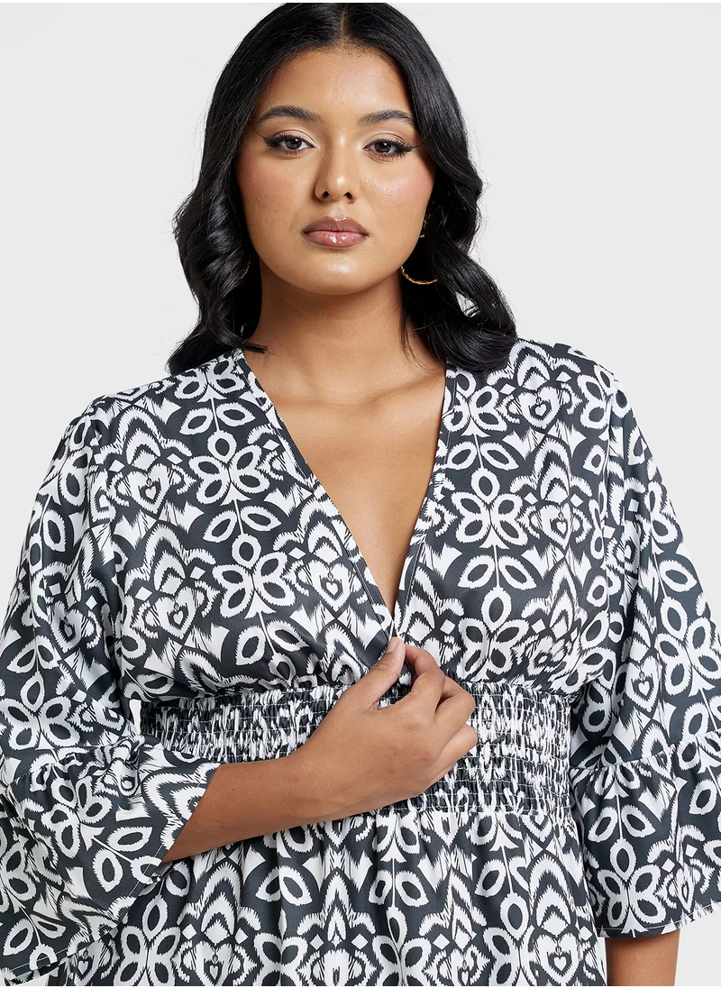 Ginger Plus V Neck Boho Style A Line Midi Dress