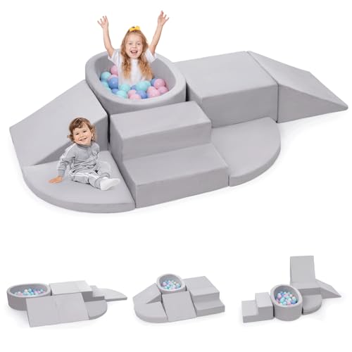 Rinnebbit 7Piece Foam Climbing Blocks for Toddlers Baby Climb and Crawl Soft Play Set with Ball Pit Machine Washable Cover Indoor Activity Play Structure Climbing Toys for Toddlers 13 Gray - Image 1