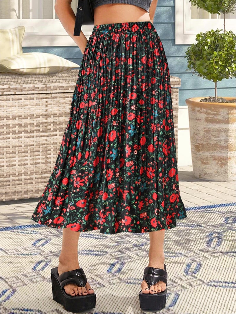Basoteeuo Pleated Skirts for Women Chiffon Midi Long Length Trendy Summer High Waisted A Line Ladies Skirt Floral BZ06 L - Image 2