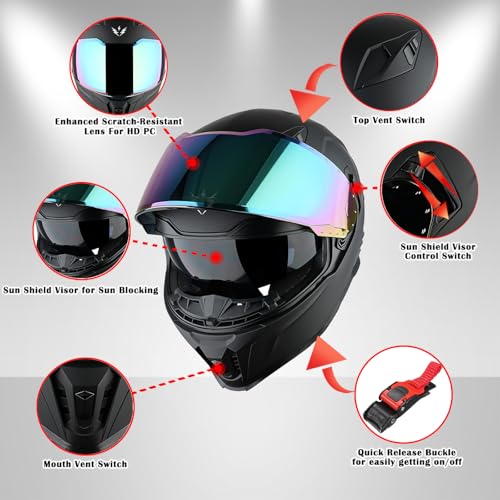 1Storm Motorcycle Full Face Helmet for Adults Men and Women Street Bike Racing Helmet DOT Approved with one Extra Clear Shield: KT828 Glossy Black - Image 3