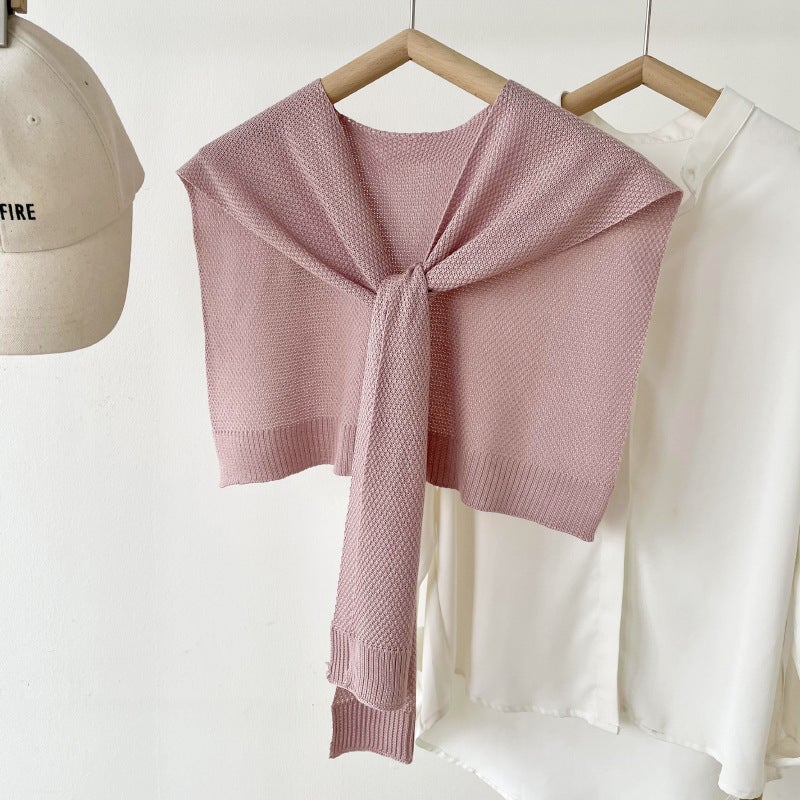 Solid Color Ice Silk Knitted Shawl Womens Outer Wear Spring and Autumn Air Conditioning Office Cervical Collar Ware False Collar Cape lotus pinkish 