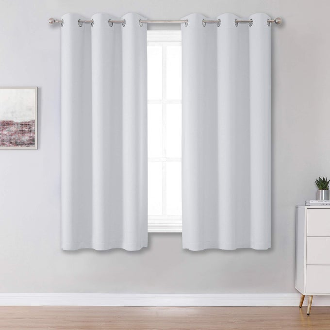 GREYISH WHITE SHORT CURTAINS FOR SMALL WINDOWS BLOCKING OUT 50 ROOM DARKENING CURTAIN PANELS FOR BEDROOM 38 X 45 INCH LENGTH SET OF 2 PANELS GROMMET TOP