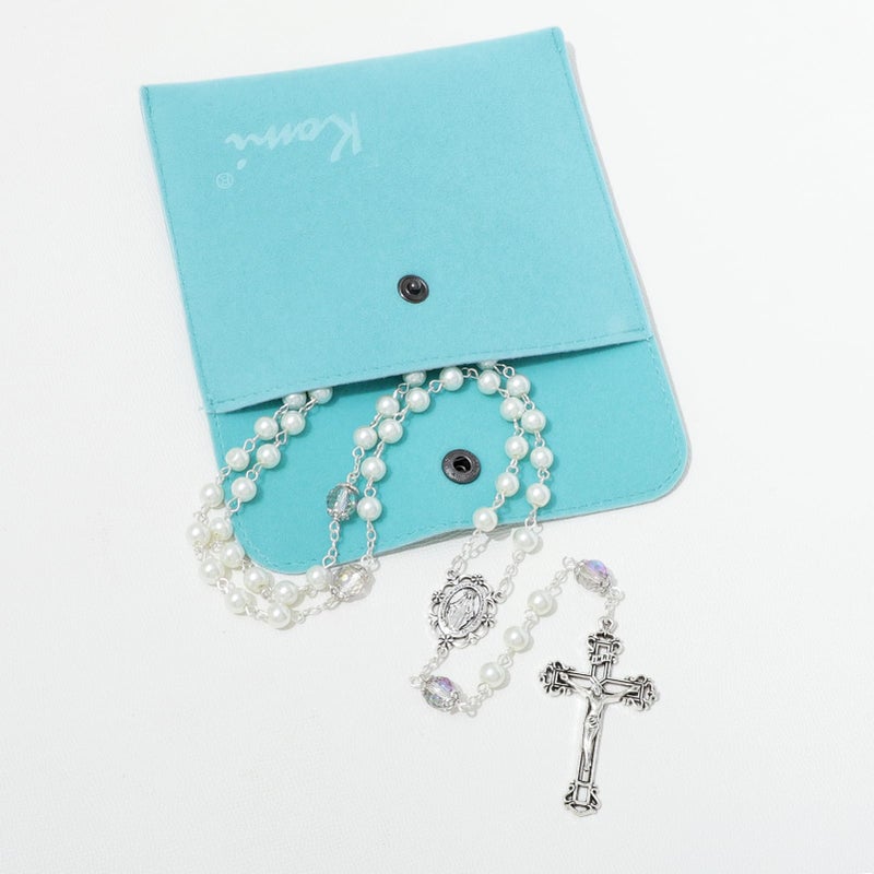 KOMI 6 MM White Pearl Rosary Beads with Crucifix, Virgin Mary Rosaries with Color Crystallized Beads Catholic Rosary Necklace for Women with Velvet Bag - Image 4