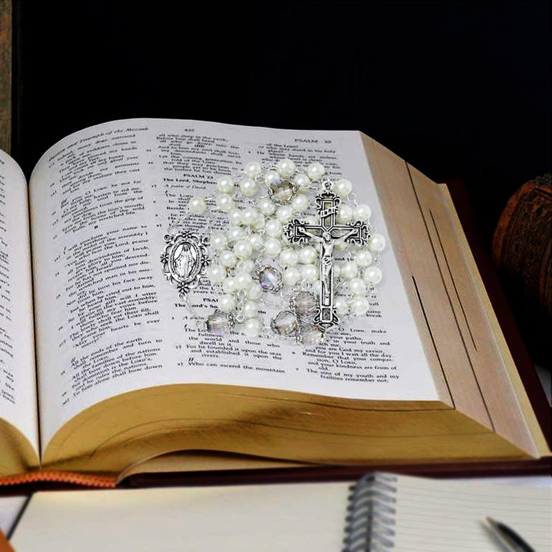 KOMI 6 MM White Pearl Rosary Beads with Crucifix, Virgin Mary Rosaries with Color Crystallized Beads Catholic Rosary Necklace for Women with Velvet Bag - Image 5
