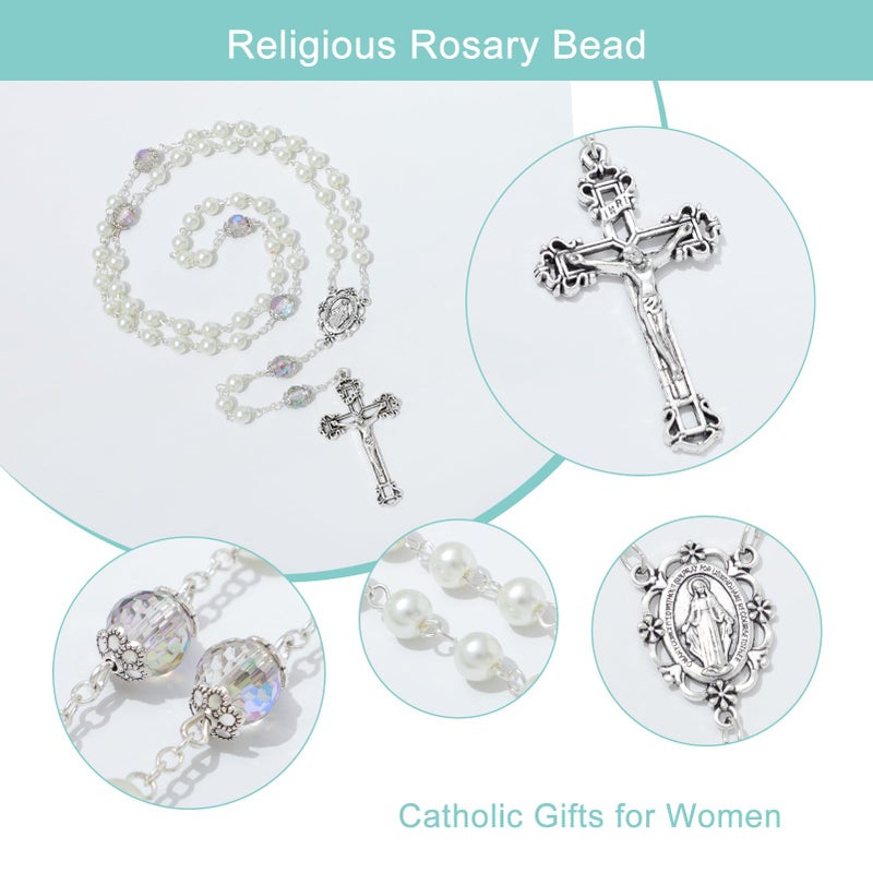 KOMI 6 MM White Pearl Rosary Beads with Crucifix, Virgin Mary Rosaries with Color Crystallized Beads Catholic Rosary Necklace for Women with Velvet Bag - Image 2