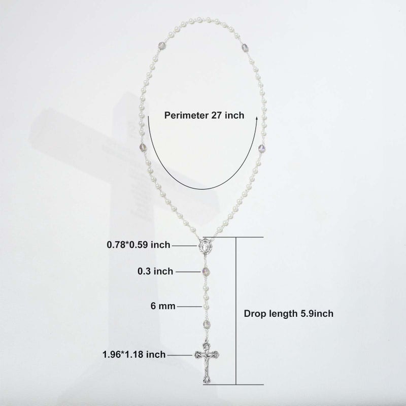 KOMI 6 MM White Pearl Rosary Beads with Crucifix, Virgin Mary Rosaries with Color Crystallized Beads Catholic Rosary Necklace for Women with Velvet Bag - Image 3