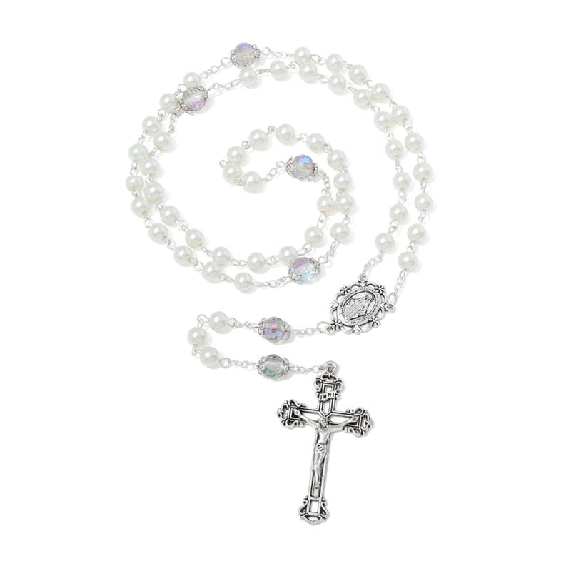KOMI 6 MM White Pearl Rosary Beads with Crucifix, Virgin Mary Rosaries with Color Crystallized Beads Catholic Rosary Necklace for Women with Velvet Bag - Image 1