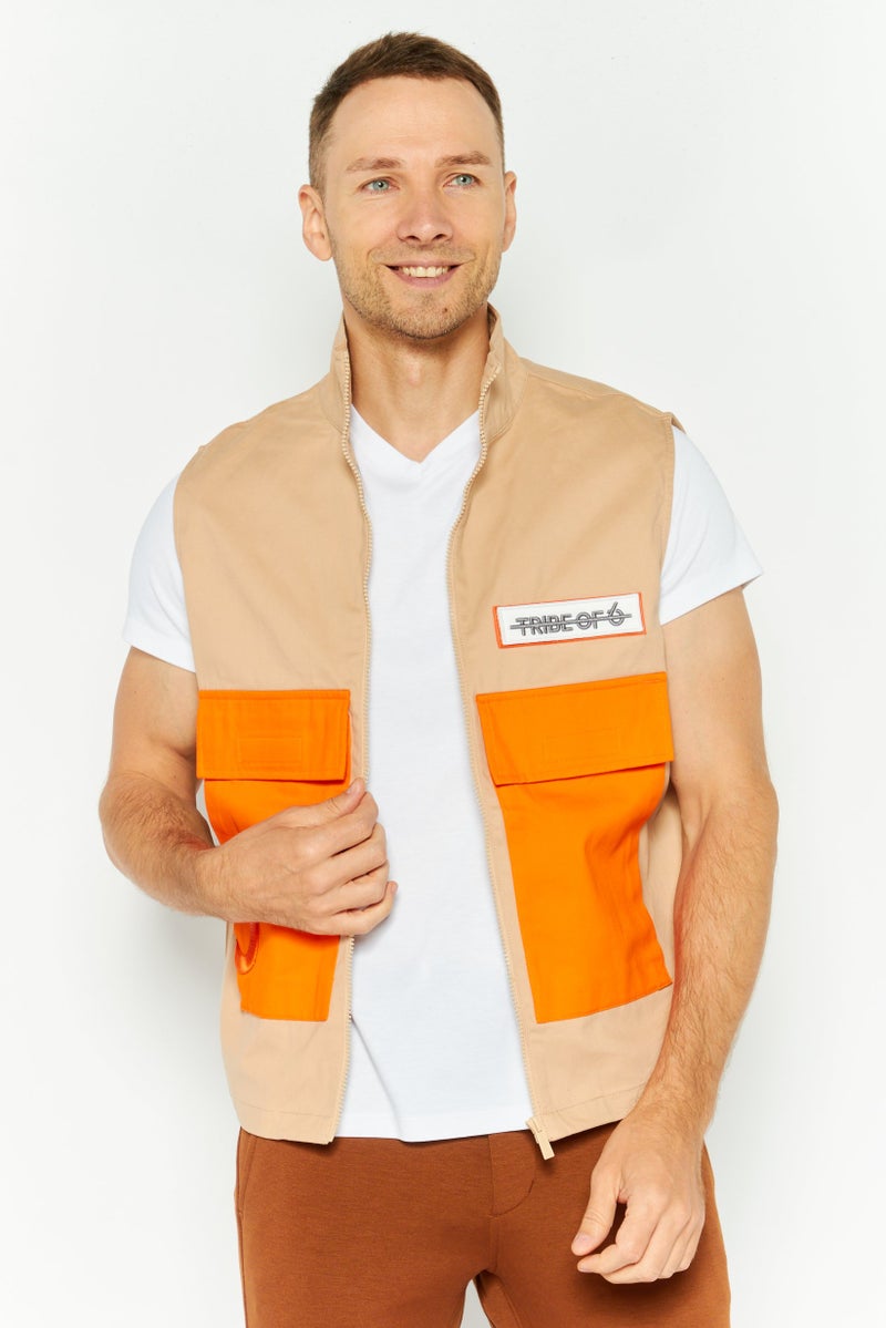 TRIBE OF 6 Men Embroidered Vest Jacket, Brown - Image 1
