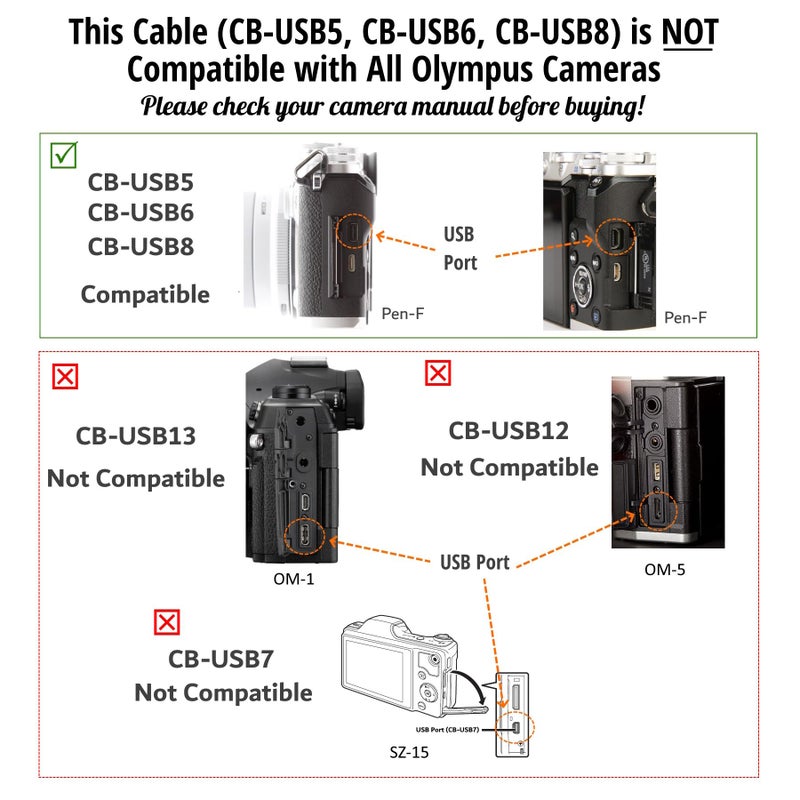 ienza كابل شحن ونقل بيانات USB للصور CB-USB5 CB-USB6 CB-USB8 لكاميرات أوليمبوس Tough TG-830 TG-630 TG-860 TG-870 & Stylus المختارة (يرجى مراجعة تفاصيل المنتج والصور قبل الشراء) - Image 4