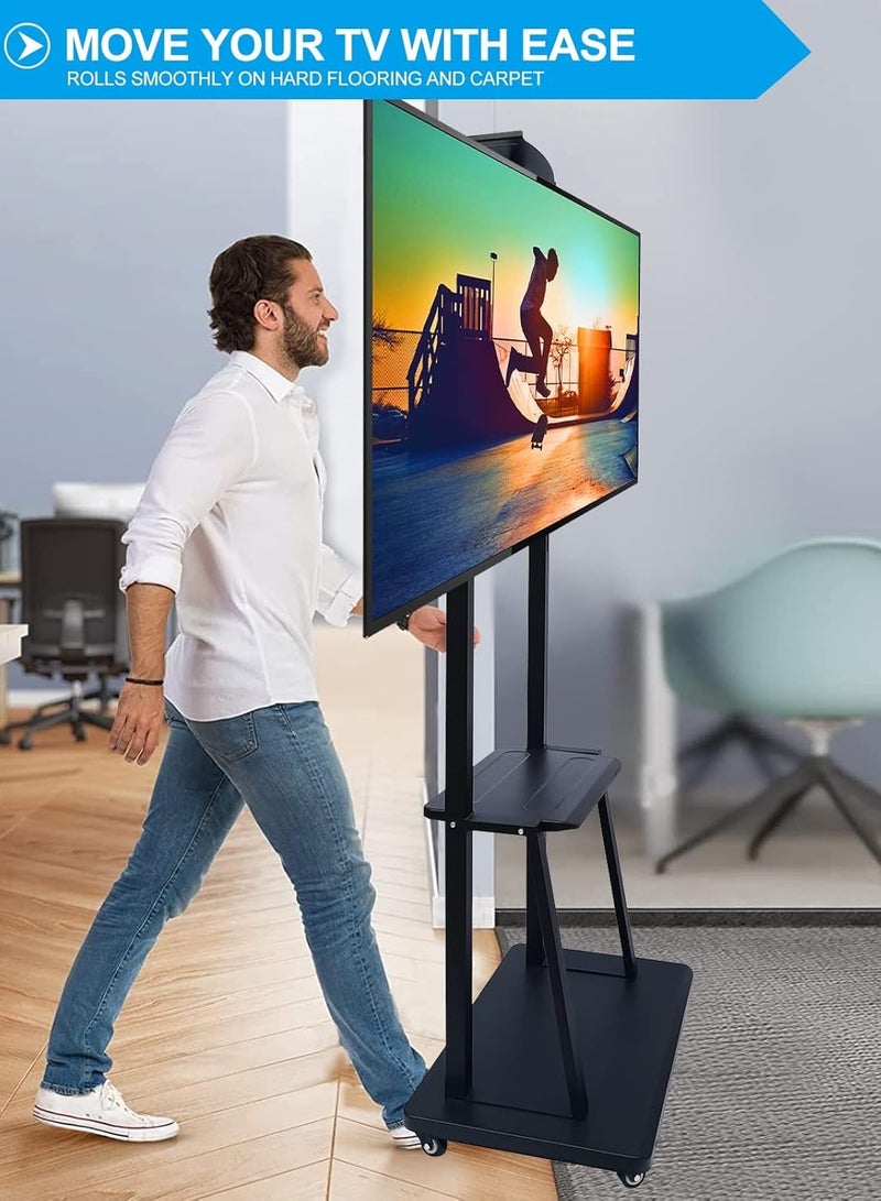 RaboS حامل تلفزيون متنقل بعجلات لأجهزة تلفزيون LED مسطحة/منحنية مقاس 60 إلى 100 بوصة، حامل تلفزيون بارتفاع - Image 3