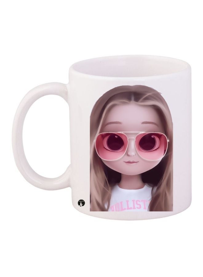 Cartoon Girl Printed Coffee Mug White/Brown/Pink 11ounce