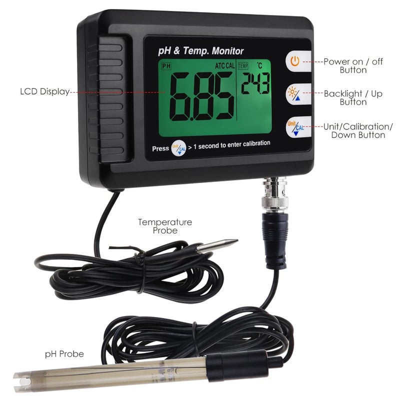 DANOPLUS 2 in 1 pH & Temperature Meter Digital pH Monitor Dual Display Water Quality Tester with ATC and Automatic Calibration Function, pH Tester for hydroponics, Aquarium, Pools, etc. - Image 4