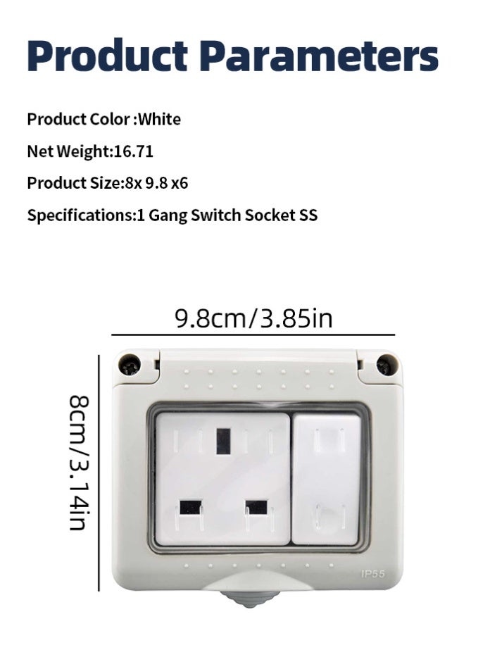MODI Waterproof Outdoor 1 Gang Switch Socket IP55 Weatherproof Wall Mounted UK Power Outlet Single Gang Switch Socket for Garden Balcony Garage Patio and Outdoor Use - Image 2