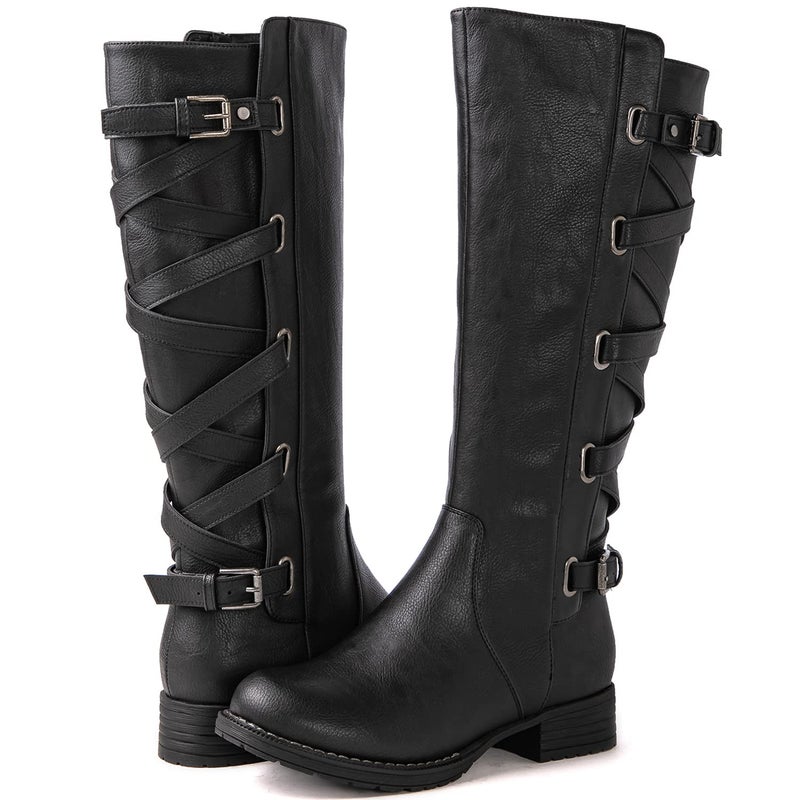 GLOBALWIN Women's Black Knee High Fashion Boots Strappy Boots For Women 6M - Image 1