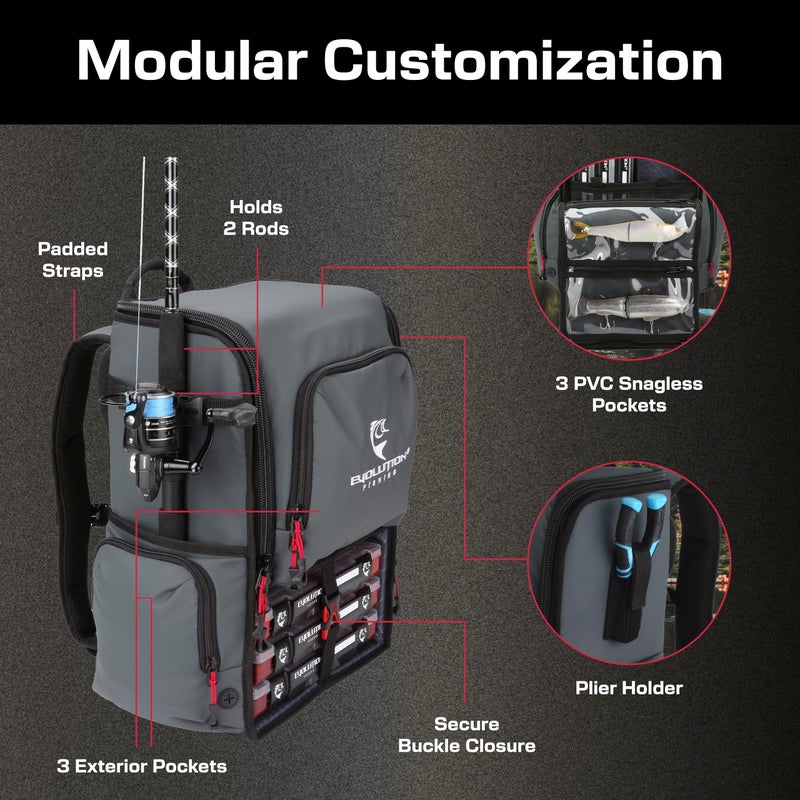 Evolution Outdoor Evolution Fishing Largemouth 3.0 Tackle Backpack - Patent Pending Modular Dividers, Rod Holders, Heavy Duty Fishing Backpack, Includes Quiklatch Tackle Trays - Image 3