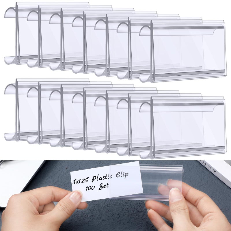 Kathfly 100 Pcs Plastic Wire Shelf Label Holder, Sign and Ticket Holder Clips with Paper Insert Area 3"x1.25" Compatible with Metro 1-1/4 Inch Shelves, Label Inserts Included - Image 1