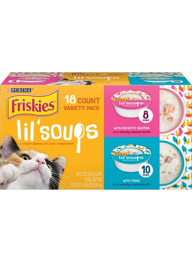 فريسكس مجموعة متنوعة من مكملات طعام القطط الرطبة الخالية من الحبوب من بورينا فريسكيز، حساء صغير مع سمك السلمون الأحمر والتونة في مرق - (18) كوبًا (1.2 أونصة) - Image 1