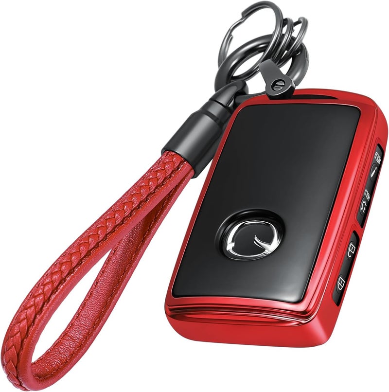 Lcyam حافظة لمفتاح التحكم مع حامل مفاتيح من الجلد، مناسبة لسيارات مازدا طرازات 2024، 2022، 2023، CX-30، CX-5، CX-9 (لون أحمر) - Image 1
