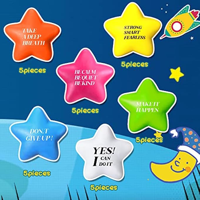Chalyna 30 Pcs Star Stress Ball Motivational Quote Stress Balls Bulk Adults 2.2 Inch PU Foam Relief Ball Sensory Star Ball Gifts for Kids Teens Relieve Anxiety Party Supplies(Bright Colors) - Image 4