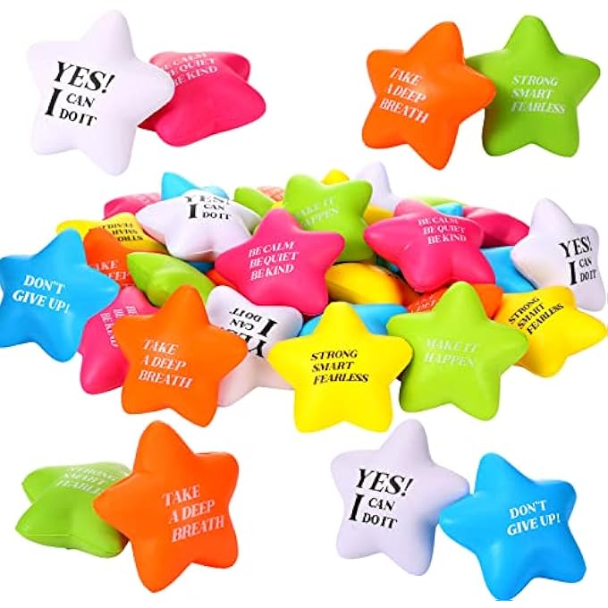 Chalyna 30 Pcs Star Stress Ball Motivational Quote Stress Balls Bulk Adults 2.2 Inch PU Foam Relief Ball Sensory Star Ball Gifts for Kids Teens Relieve Anxiety Party Supplies(Bright Colors) - Image 1