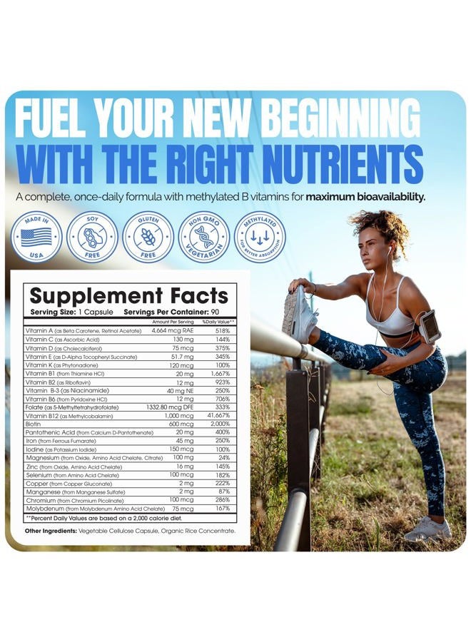 Shiny Leaf فيتامينات متعددة ميثيلية لجراحة السمنة مع الحديد 45 ملغ - كبسولة يومية واحدة، مصنوعة في الولايات المتحدة، متوافقة مع ASMBS، فيتامينات جراحة السمنة لجراحة تحويل المعدة وجراحة تكميم المعدة، للرجال والنساء - (90 حبة) - Image 2