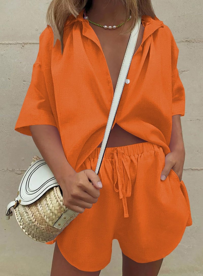 Fixmatti Women Summer Outfits Casual Two Piece Shorts Set Button Cardigan Shirt Elastic Waist Shorts Tracksuit Orange M - Image 4