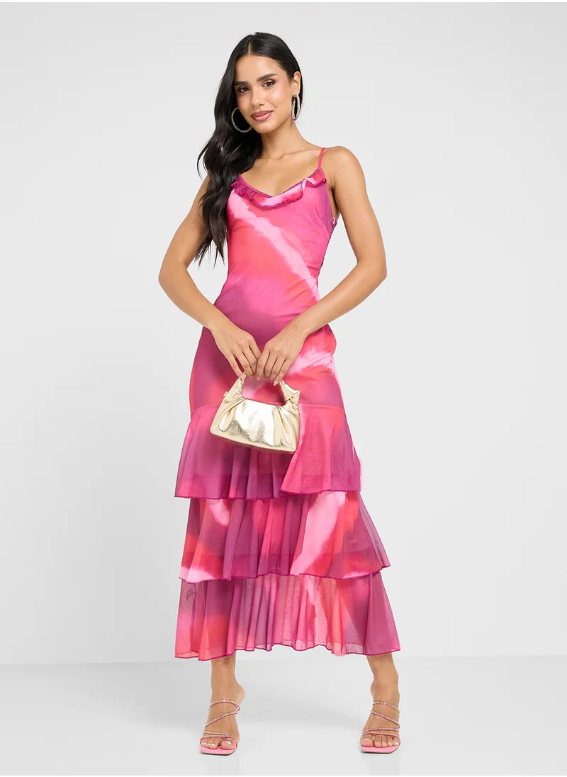 جينجر Strappy Blurred Print Dress With Frill Hem