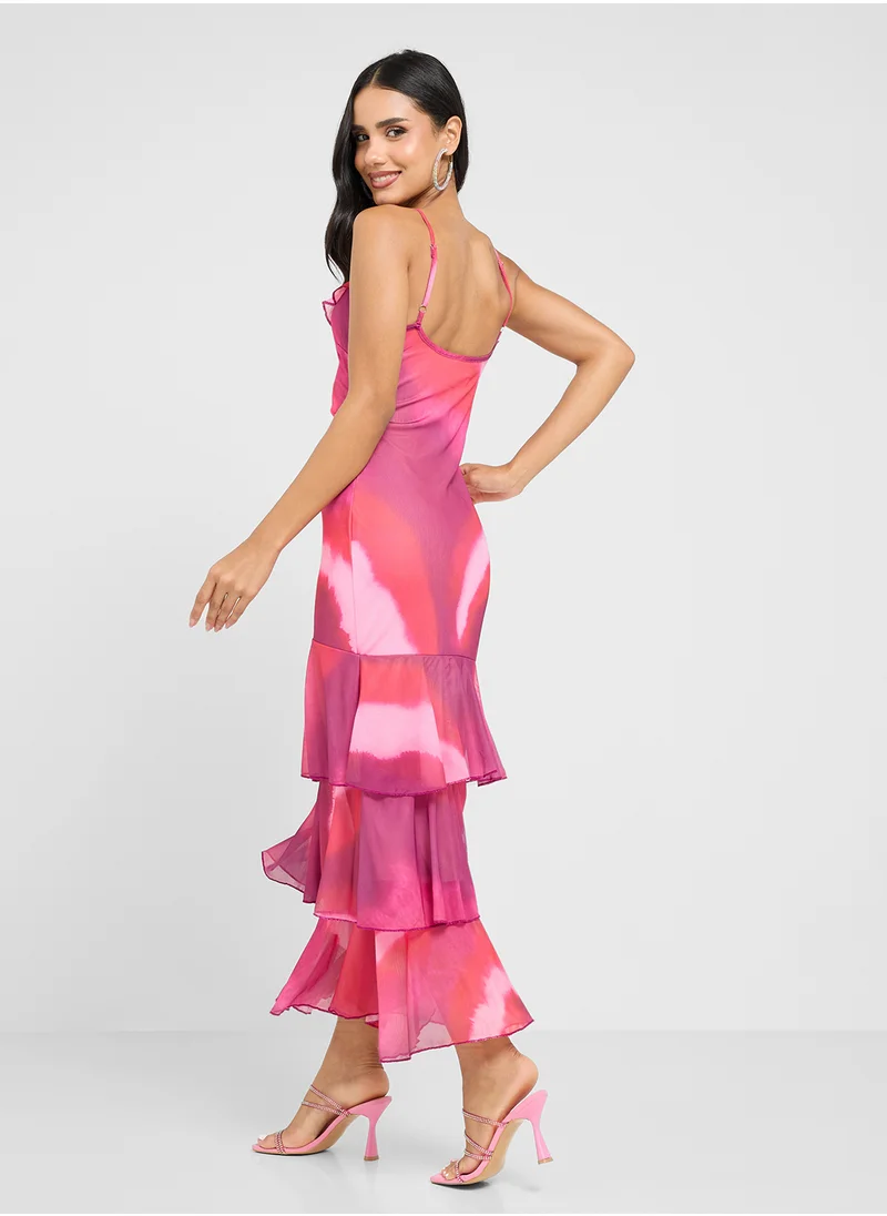 جينجر Strappy Blurred Print Dress With Frill Hem