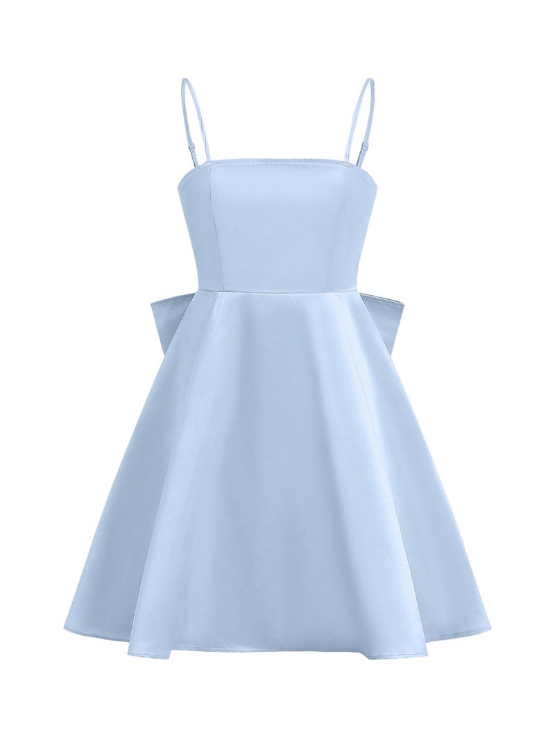 MakeMeChic Girl's Bow Knot Sleeveless Cami Dress Elegant A Line Flared Short Dress Blue 12Y - Image 1