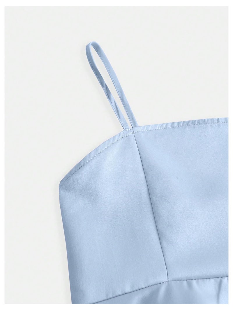 MakeMeChic Girl's Bow Knot Sleeveless Cami Dress Elegant A Line Flared Short Dress Blue 12Y - Image 3