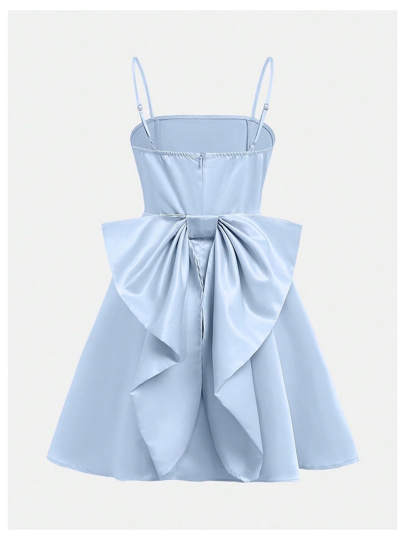 MakeMeChic Girl's Bow Knot Sleeveless Cami Dress Elegant A Line Flared Short Dress Blue 12Y - Image 2