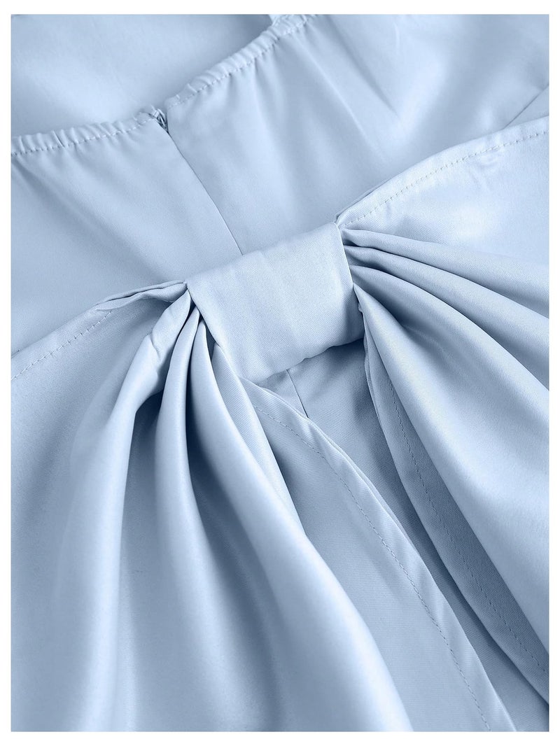 MakeMeChic Girl's Bow Knot Sleeveless Cami Dress Elegant A Line Flared Short Dress Blue 12Y - Image 4