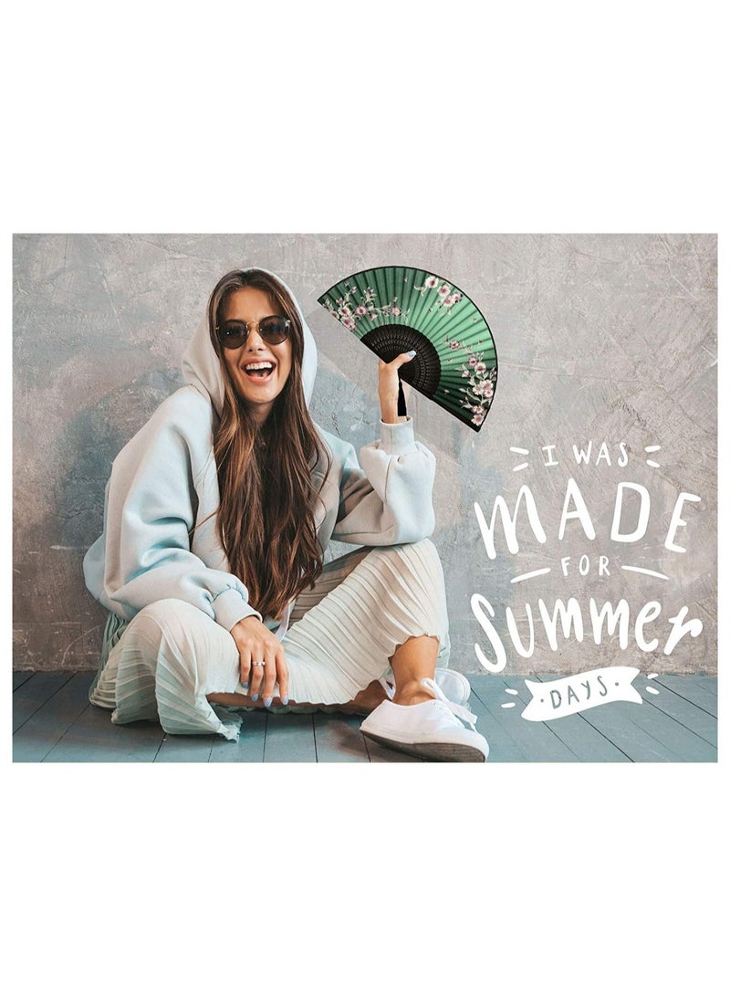 Captaintech Small Folding Hand Fan Vintage Bamboo Silk Fans Charming Elegant Modern Woman Handmade for Dance Performance Decoration Wedding Party Gift Redbud Green - Image 2