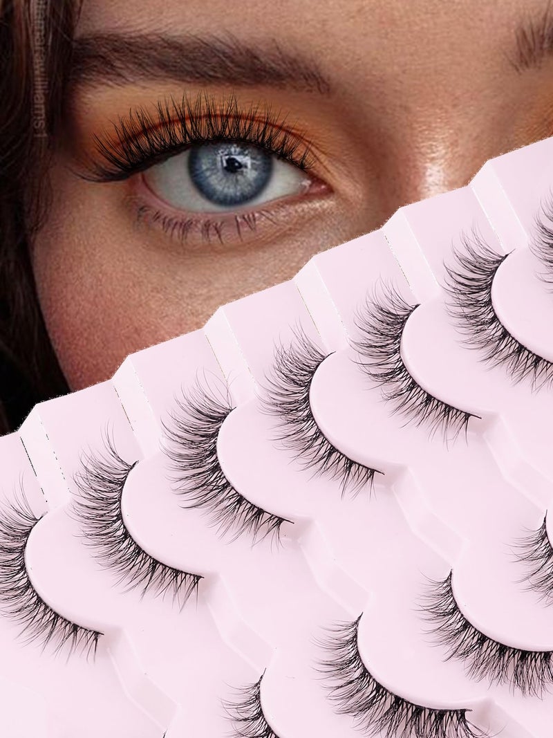 Siligli Natural Lashes Wispy Cat Eye Lashes 12mm False Eyelashes Natural Look Strip Lashes Thin Cotton Band Soft Eyelashes 3D Volume Lashes Pack C Curl Siligli Eyelashes 7 Pair - Image 1