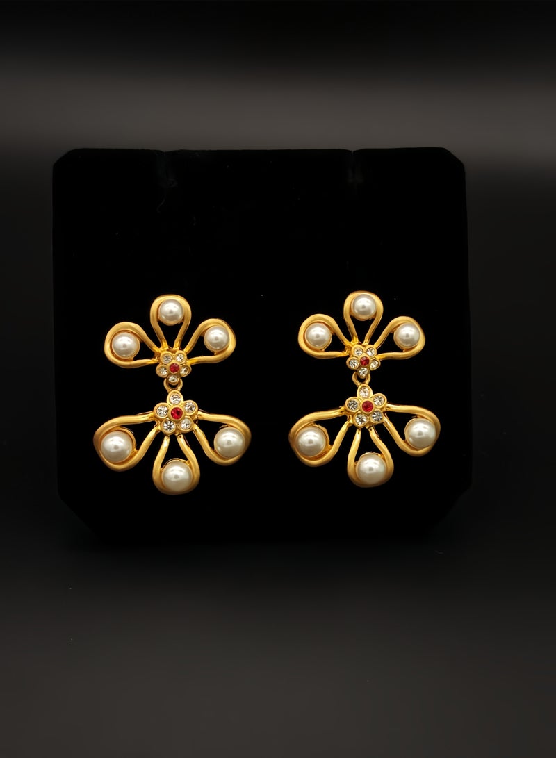Gold-Plated Vintage-Modern Floral Stud Earrings — Pearls & Bright Red Zircon Accents (For Daily Wear & Gatherings) - Image 4
