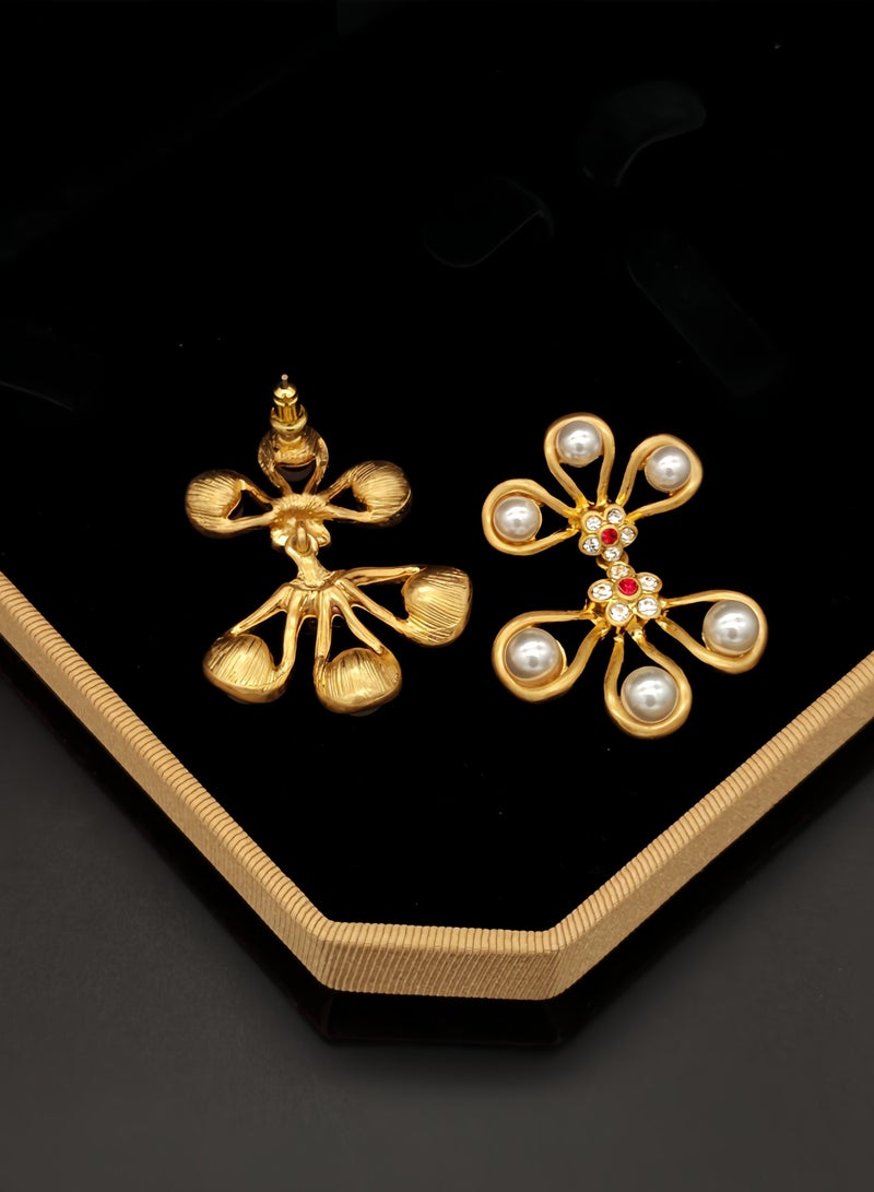 Gold-Plated Vintage-Modern Floral Stud Earrings — Pearls & Bright Red Zircon Accents (For Daily Wear & Gatherings) - Image 3