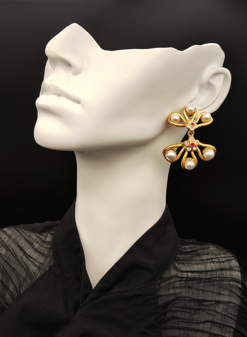 Gold-Plated Vintage-Modern Floral Stud Earrings — Pearls & Bright Red Zircon Accents (For Daily Wear & Gatherings) - Image 2