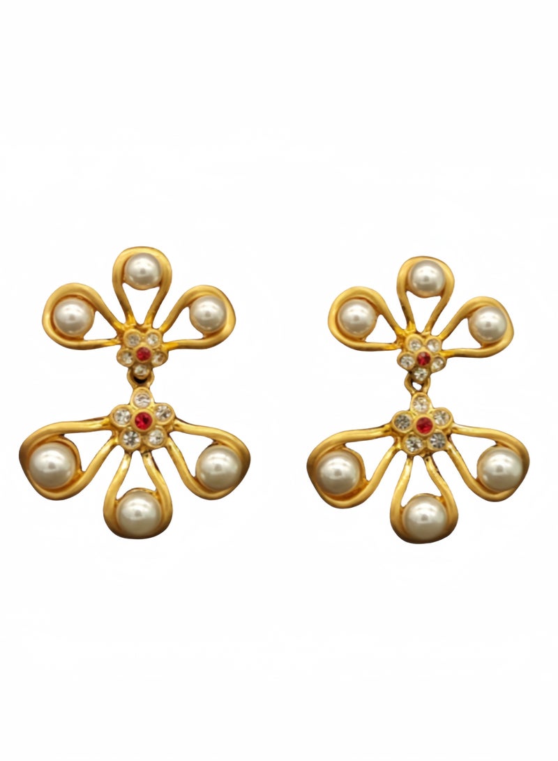Gold-Plated Vintage-Modern Floral Stud Earrings — Pearls & Bright Red Zircon Accents (For Daily Wear & Gatherings) - Image 1