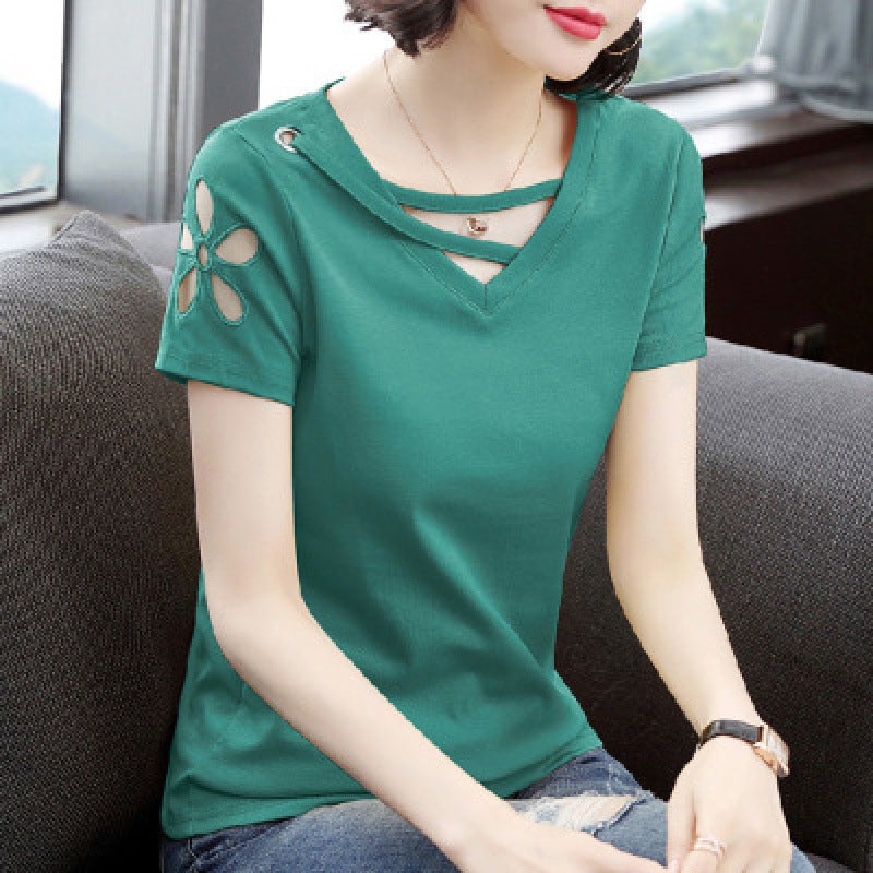 Middle-Aged Women's 2021 Summer Export Supply Korean Style Urban Casual Pullover V Neck Loose Women's T-Shirt - Image 2