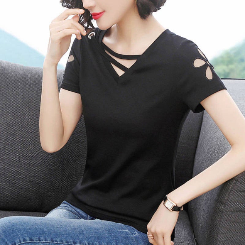 Middle-Aged Women's 2021 Summer Export Supply Korean Style Urban Casual Pullover V Neck Loose Women's T-Shirt - Image 5
