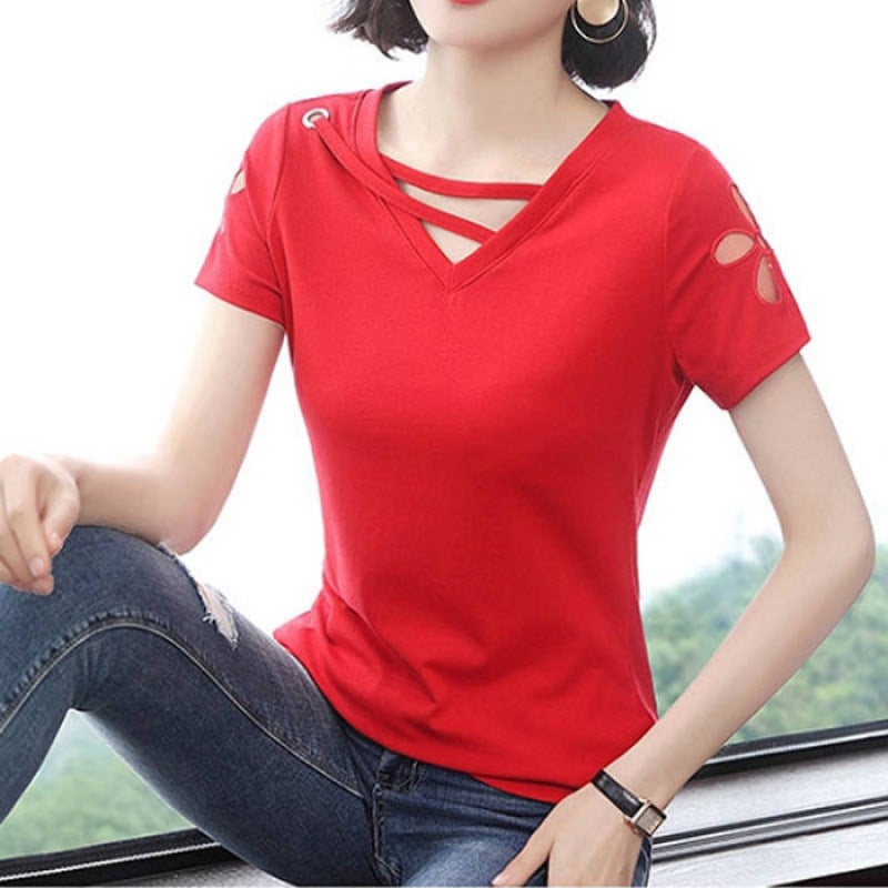 Middle-Aged Women's 2021 Summer Export Supply Korean Style Urban Casual Pullover V Neck Loose Women's T-Shirt - Image 3