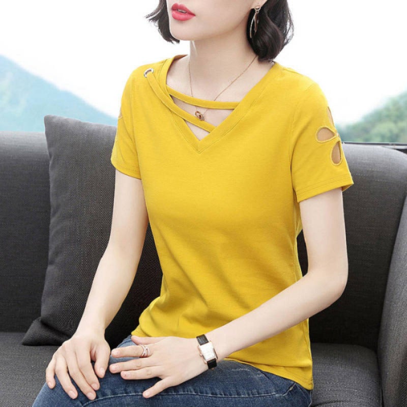 Middle-Aged Women's 2021 Summer Export Supply Korean Style Urban Casual Pullover V Neck Loose Women's T-Shirt - Image 4