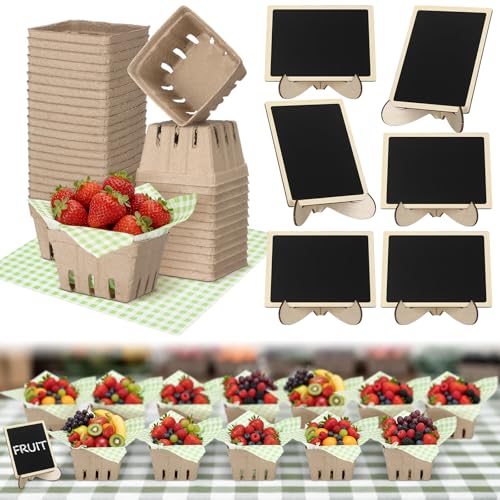 Lerheedi 24 Set Farmer Market Decoration Natural Pulp Fiber Berry Basket with Deli Paper Sheet Farm Mini Chalkboard Sign Stand Supplies for Market Strawberry Blueberry Fruit Vegetable Farmer Grocery - Image 1