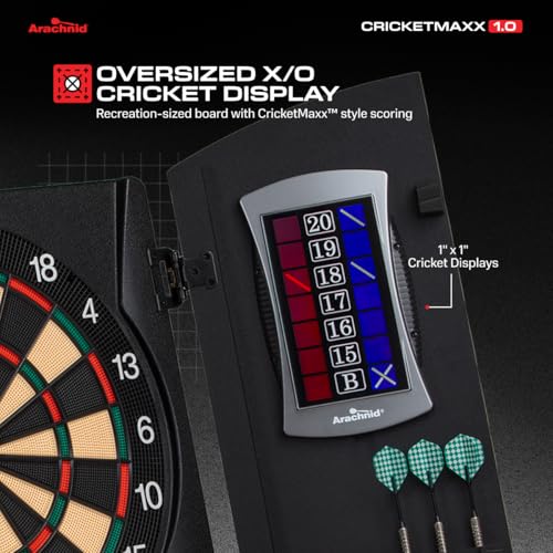 Arachnid CricketMaxx 1.0: 13.5” recreation size with wood cabinet. Features 34 games, 183 variations, 8-player LED X/O scoring, and Heckler mode. Integrated storage for darts and accessories - Image 4