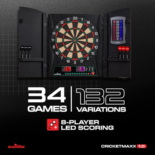 Arachnid CricketMaxx 1.0: 13.5” recreation size with wood cabinet. Features 34 games, 183 variations, 8-player LED X/O scoring, and Heckler mode. Integrated storage for darts and accessories - Image 2