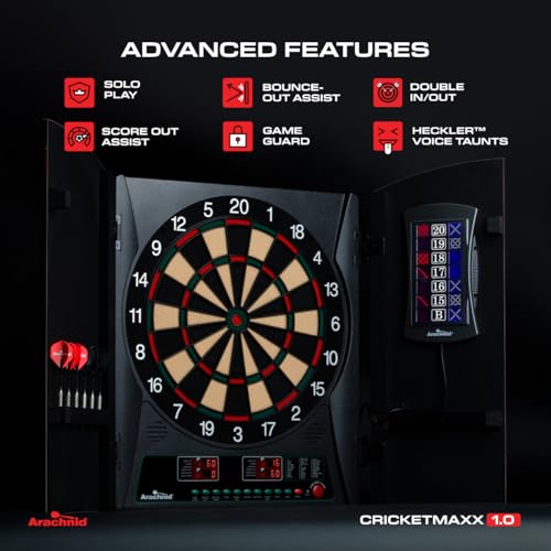 Arachnid CricketMaxx 1.0: 13.5” recreation size with wood cabinet. Features 34 games, 183 variations, 8-player LED X/O scoring, and Heckler mode. Integrated storage for darts and accessories - Image 5