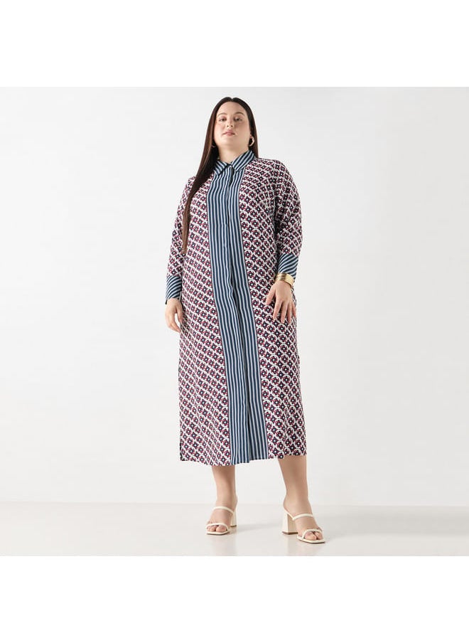 Ulla Popken Plus Size Ulla Popken Geometric Print Shirt Dress with Long Sleeves  - Image 1